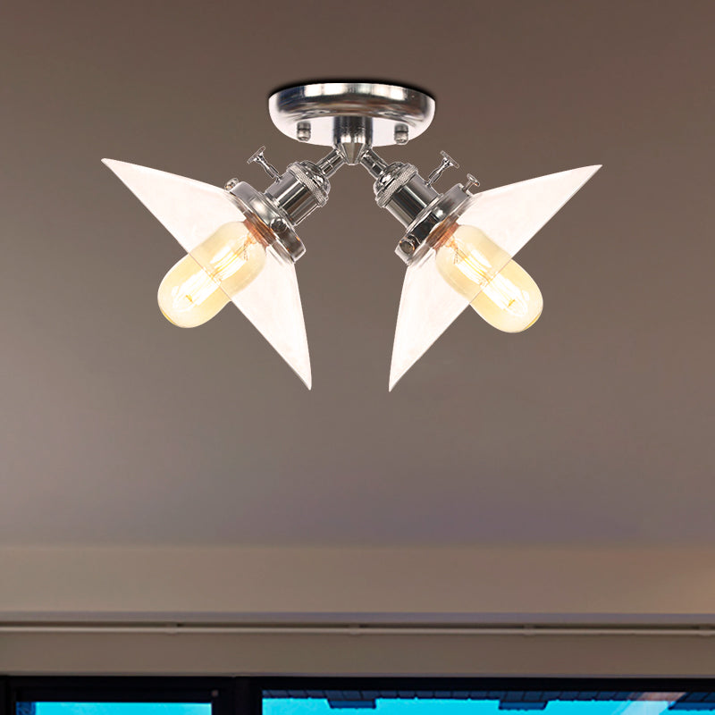 Industrial Style Clear Glass Semi Flush Mount Ceiling Light With 2 Lights For Conical Restaurants