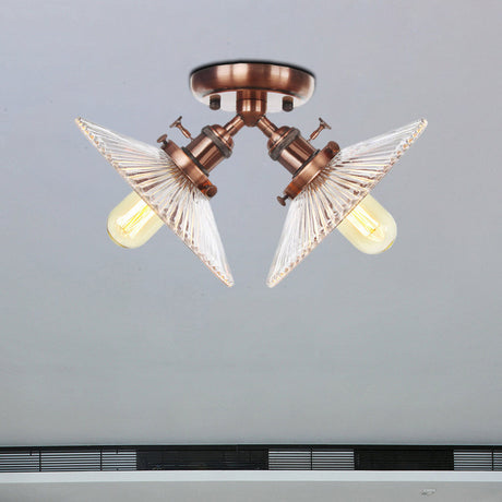Flared Shade Ceiling Mount Light With Clear Ribbed Glass - 2 Heads Ideal For Restaurants Black/Brass