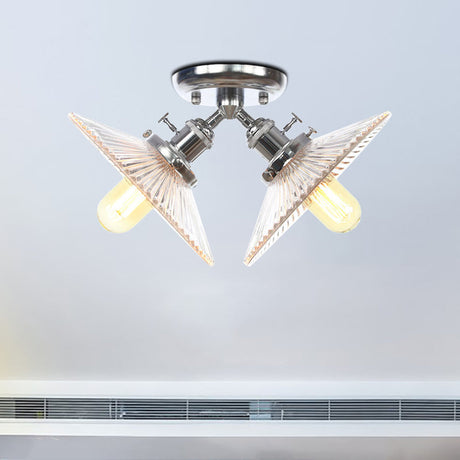 Flared Shade Ceiling Mount Light With Clear Ribbed Glass - 2 Heads Ideal For Restaurants Black/Brass