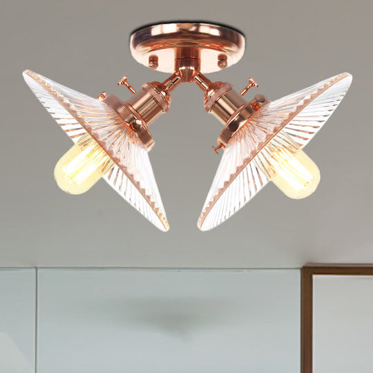 Flared Shade Ceiling Mount Light With Clear Ribbed Glass - 2 Heads Ideal For Restaurants