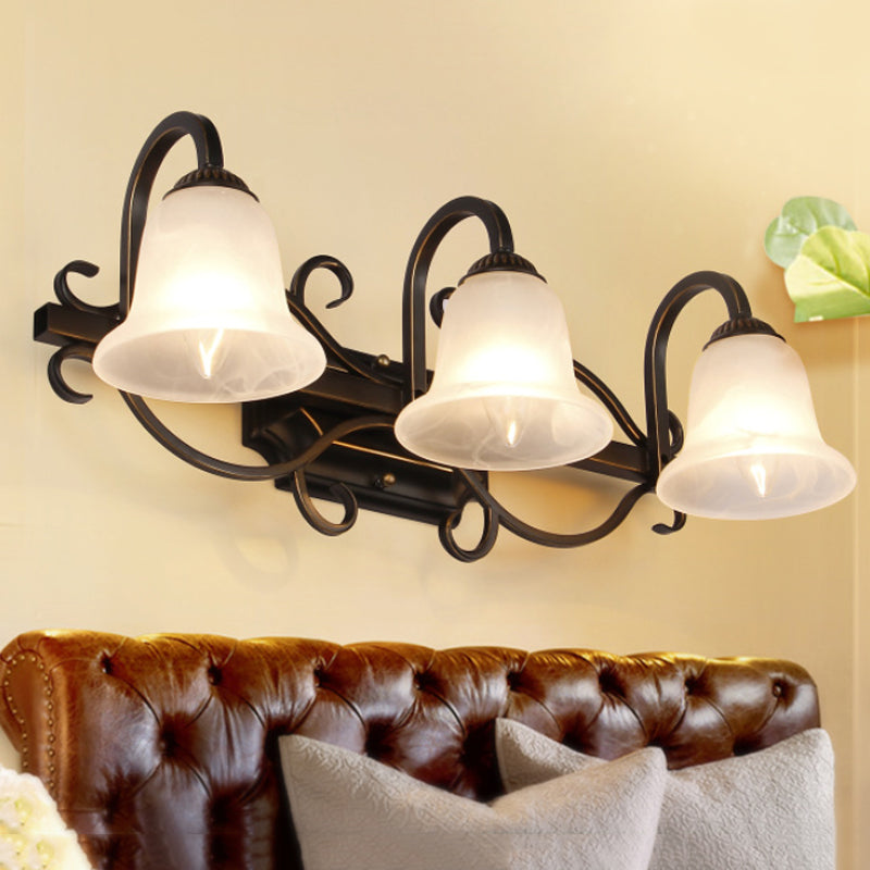 Vintage Curvy Arm Black Sconce Light Fixture For Bathroom Vanity - 2/3 Lights Milky Glass 3 /