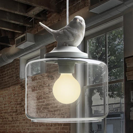 Contemporary Clear Glass Drum Pendant Light With Bird Decoration For Restaurants