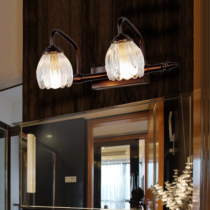 Vintage Clear Textured Glass Flower Wall Lamp - Copper Make-Up Lighting (2/3/4 Lights)