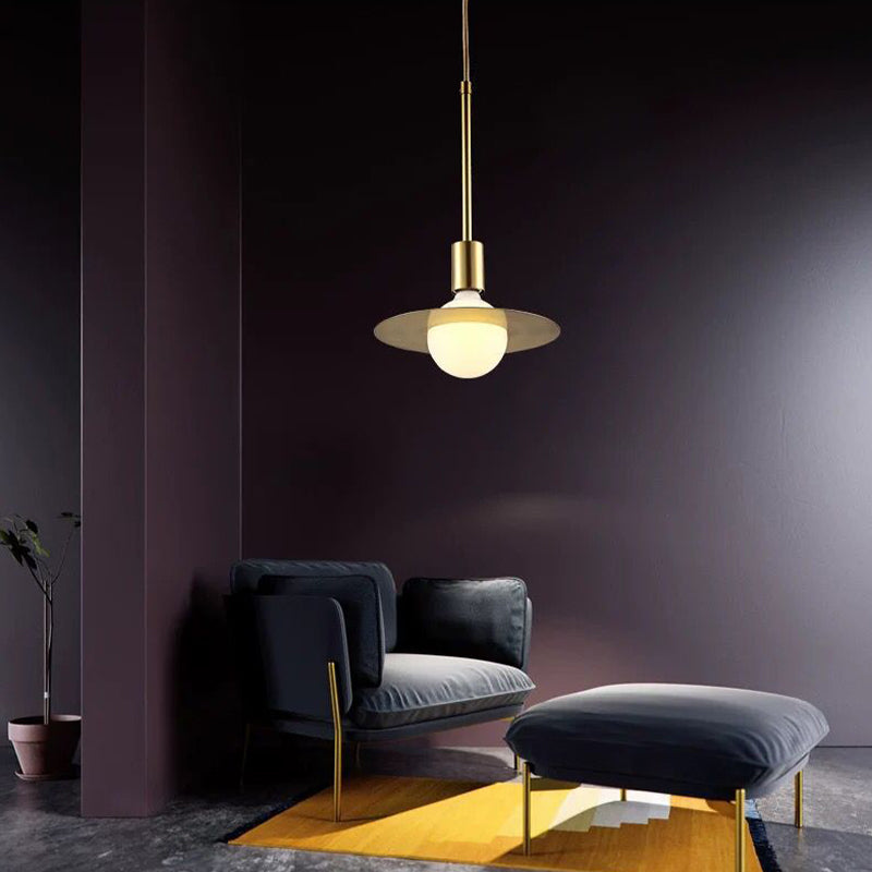 Postmodern Pendant Lamp - White Glass With Gold Disc Metal Shade