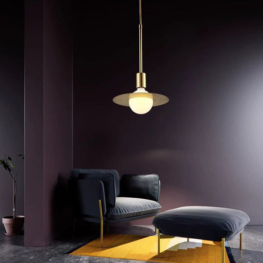Postmodern Pendant Lamp - White Glass With Gold Disc Metal Shade