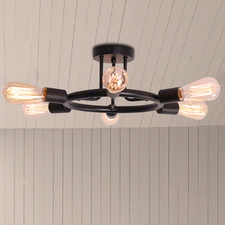 Bare Bulb Mid Century Metallic Semi Flush Ceiling Light - 6 Heads Brass/Black Finish