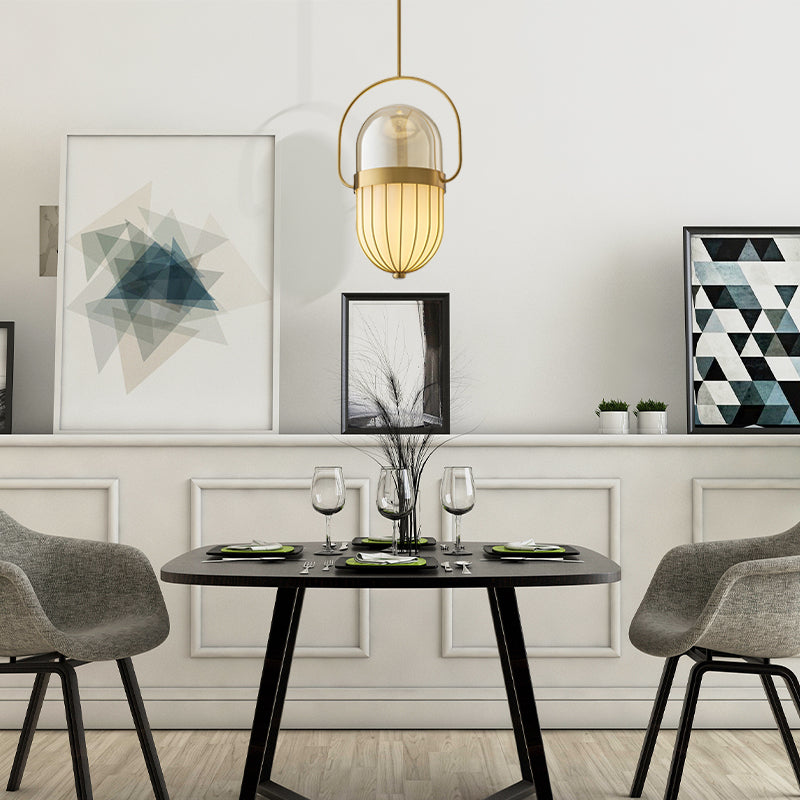 Clear And White Glass Postmodern Pill Pendant Lamp - Gold Ceiling Light For Dining Room