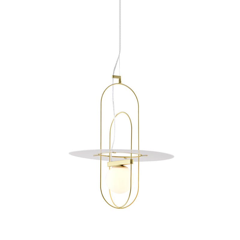 Contemporary Brass Pendant Light Fixture - Oval Frame 1 Head Suspended Metal With Glass Shade