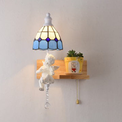 Scalloped Stained Glass Wall Sconce With Cupid Decoration - Tiffany 1-Light Fixture In Multicolor