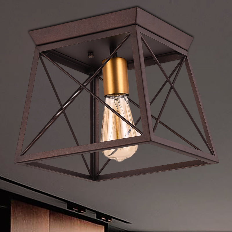 Industrial Style Metal Flush Ceiling Light Fixture - 10/12 Wide 2 Bulbs Coffee Tone Ideal For