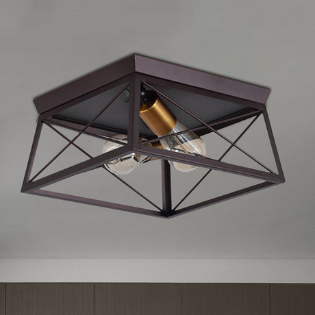 Industrial Style Metal Flush Ceiling Light Fixture - 10/12 Wide 2 Bulbs Coffee Tone Ideal For