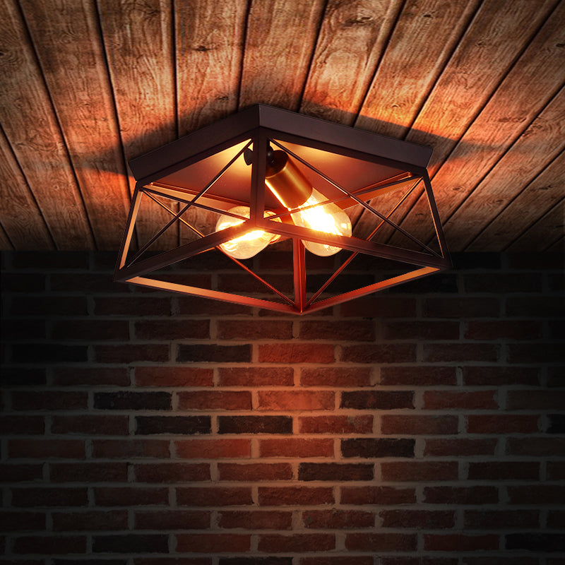 Industrial Style Metal Flush Ceiling Light Fixture - 10’/12’ Wide 2 Bulbs Coffee Tone Ideal For