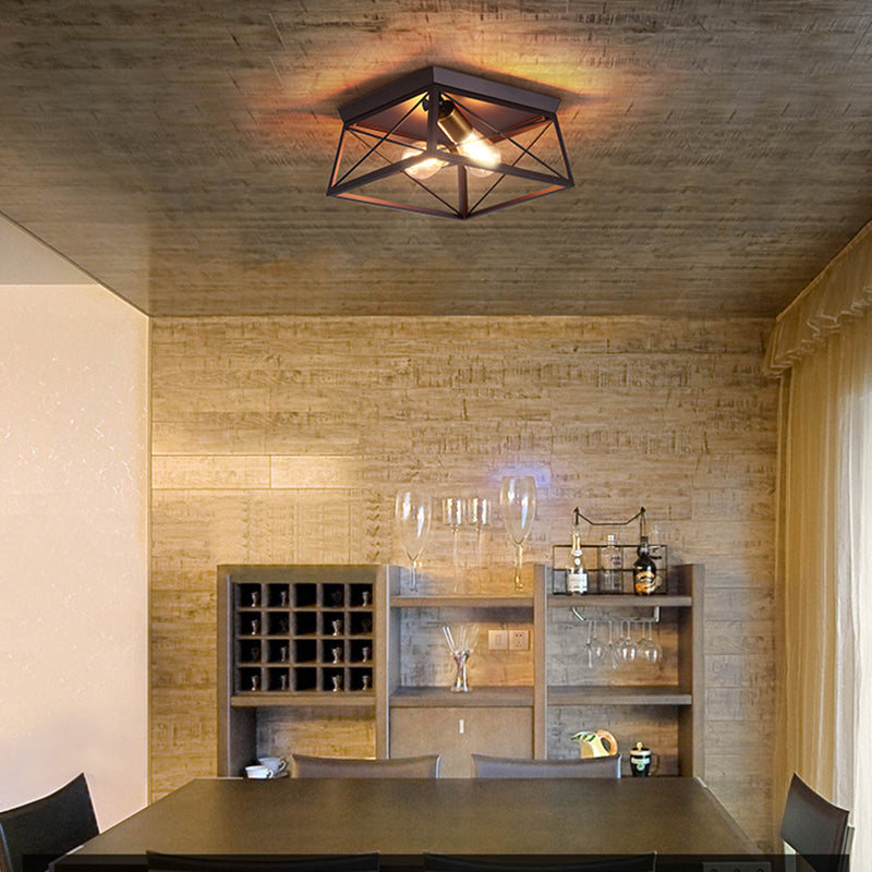 Industrial Style Metal Flush Ceiling Light Fixture - 10’/12’ Wide 2 Bulbs Coffee Tone Ideal For