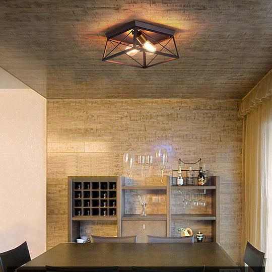 Industrial Style Metal Flush Ceiling Light Fixture - 10’/12’ Wide 2 Bulbs Coffee Tone Ideal For