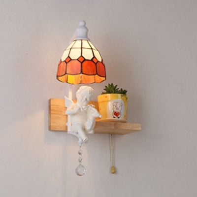 Scalloped Stained Glass Wall Sconce With Cupid Decoration - Tiffany 1-Light Fixture In Multicolor