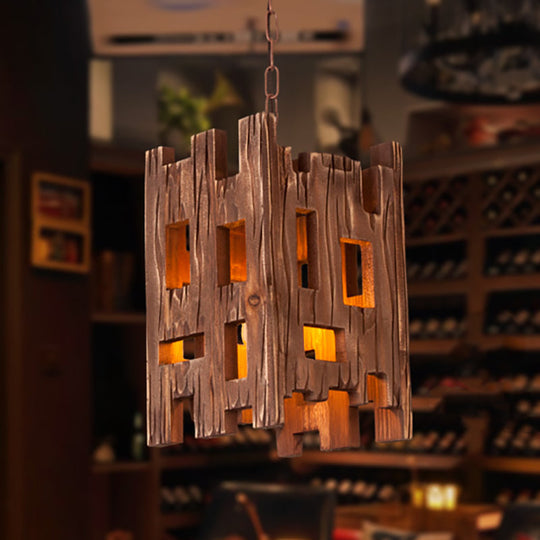 Country Style Wooden Pendant Lamp With Adjustable Chain - Brown Rectangular Design 1 Bulb Hanging