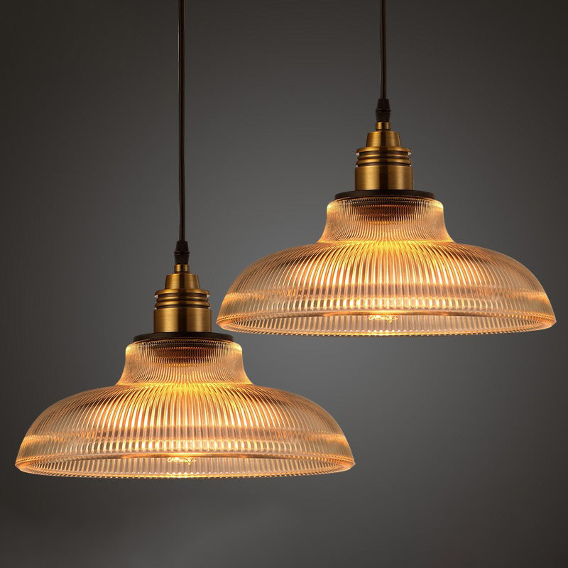 Retro Industrial Ribbed Glass Dome Pendant Lamp - 1-Light Design For Restaurants