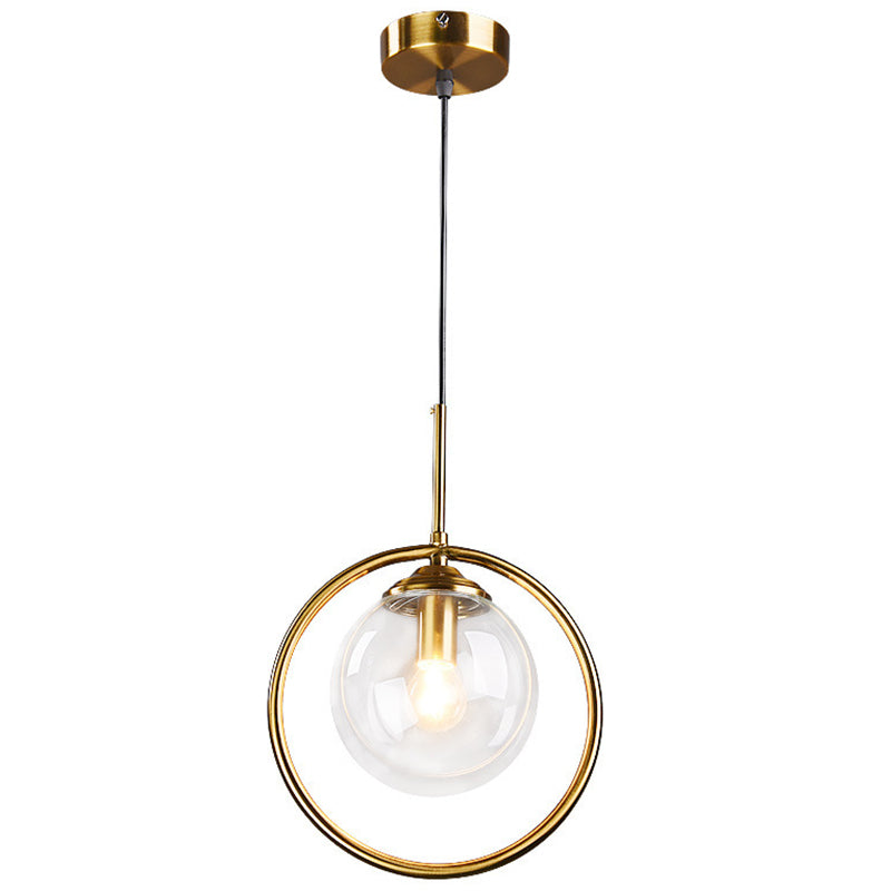 Mid-Century Design Hanging Lamp With Glass Shade And Metal Ring - Perfect For Bedroom