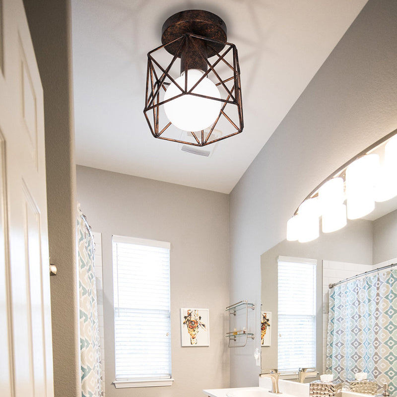 Antique Bronze Wire Cage Semi Flush Light With Hexagon Shade