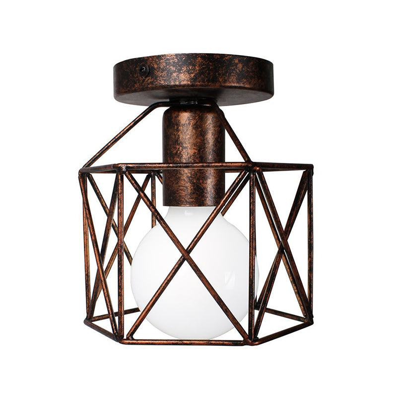 Antique Bronze Wire Cage Semi Flush Light With Hexagon Shade
