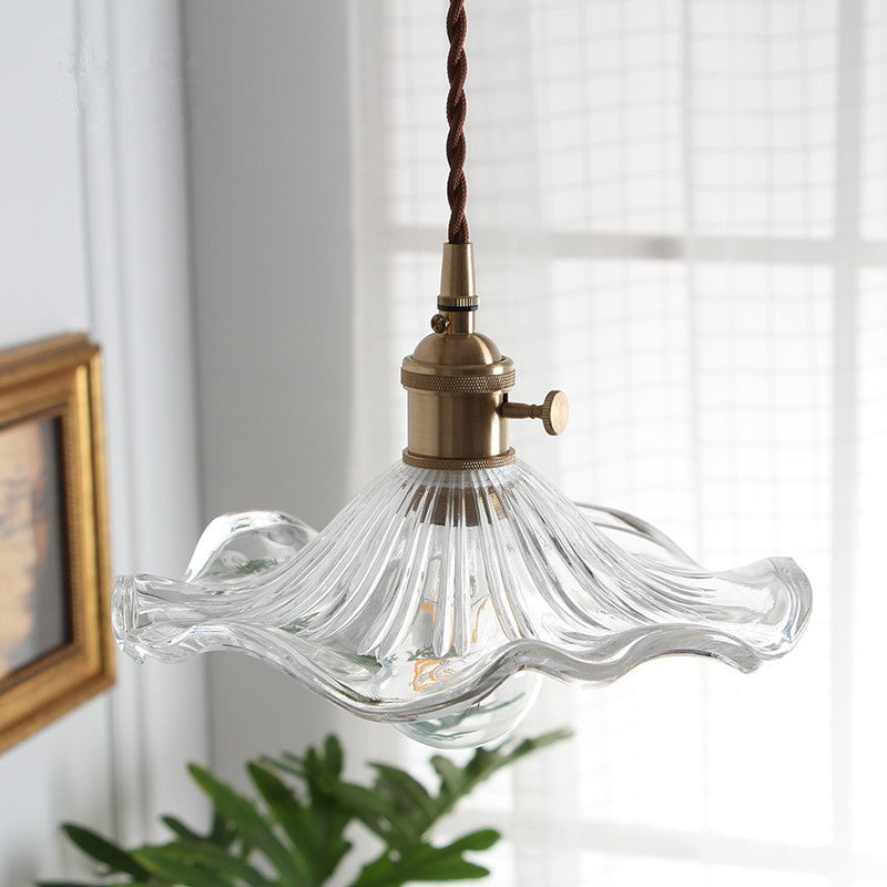 Vintage Scalloped Hanging Light Pendant With Textured Glass Shade - 1 Polished Brass Finish