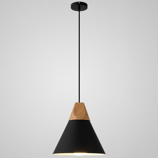 Nordic Style Metal Hanging Ceiling Pendant Lamp With Wooden Top - 1 Light Restaurant Lighting Black