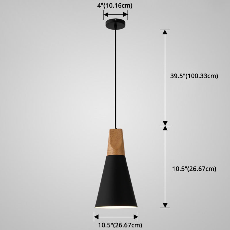 Metal Tapered Hanging Light - Nordic Style 1-Light Restaurant Pendant Lamp With Wooden Top