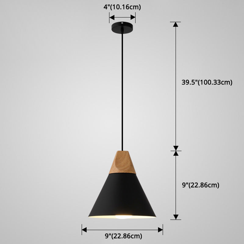 Metal Tapered Hanging Light - Nordic Style 1-Light Restaurant Pendant Lamp With Wooden Top