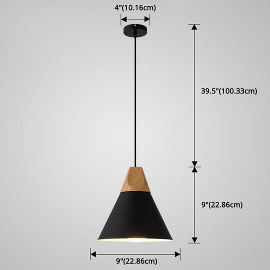 Metal Tapered Hanging Light - Nordic Style 1-Light Restaurant Pendant Lamp With Wooden Top