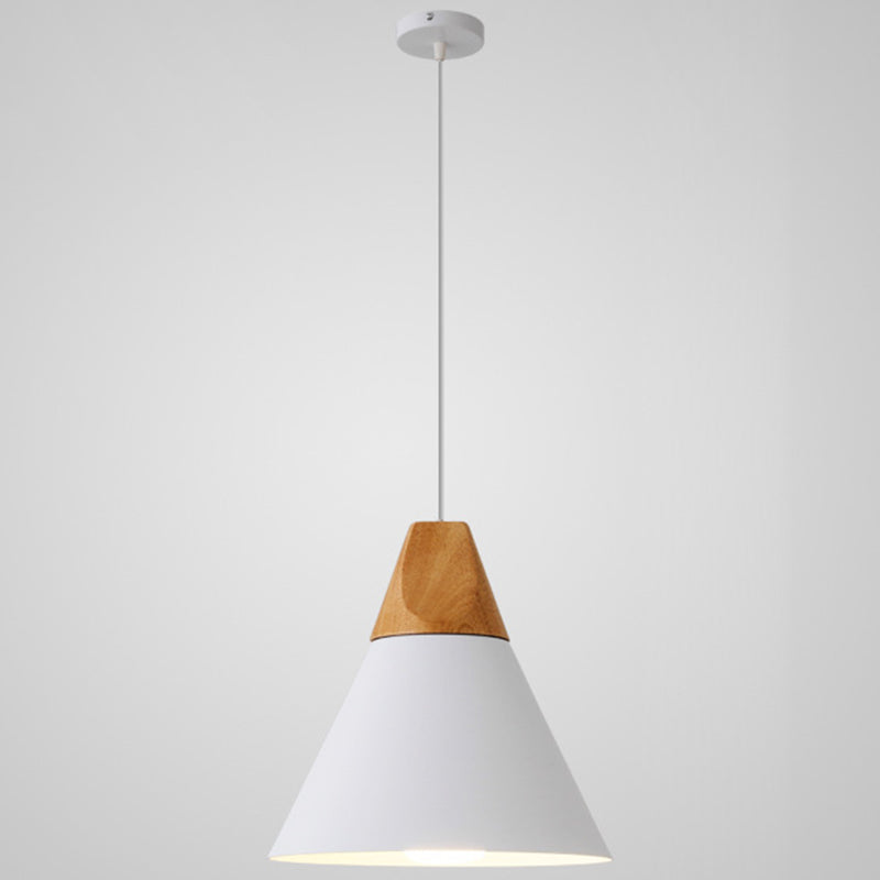Nordic Style Metal Hanging Ceiling Pendant Lamp With Wooden Top - 1 Light Restaurant Lighting White