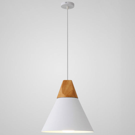 Nordic Style Metal Hanging Ceiling Pendant Lamp With Wooden Top - 1 Light Restaurant Lighting White