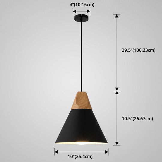 Metal Tapered Hanging Light - Nordic Style 1-Light Restaurant Pendant Lamp With Wooden Top