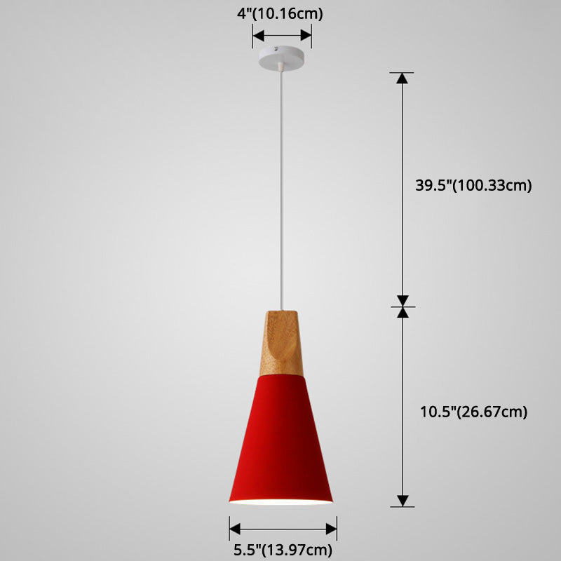 Metal Tapered Hanging Light - Nordic Style 1-Light Restaurant Pendant Lamp With Wooden Top