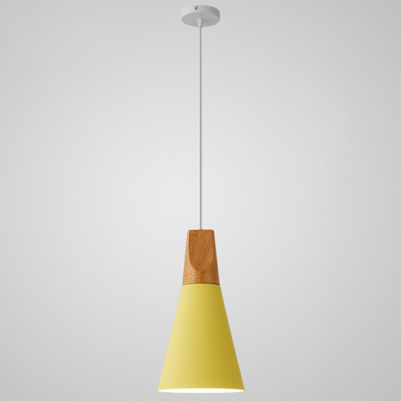 Nordic Style Metal Hanging Ceiling Pendant Lamp With Wooden Top - 1 Light Restaurant Lighting Yellow
