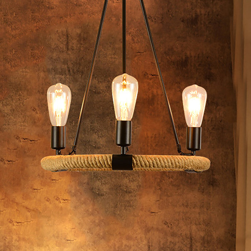 Vintage Style Roped Circular Chandelier Pendant Light - 3 Lights Black Finish