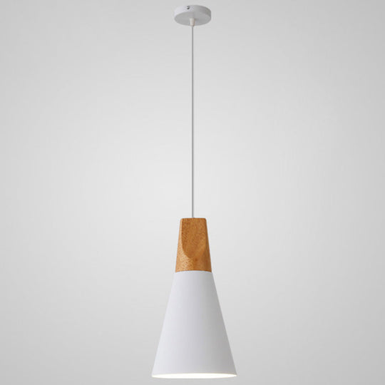 Nordic Style Metal Hanging Ceiling Pendant Lamp With Wooden Top - 1 Light Restaurant Lighting White