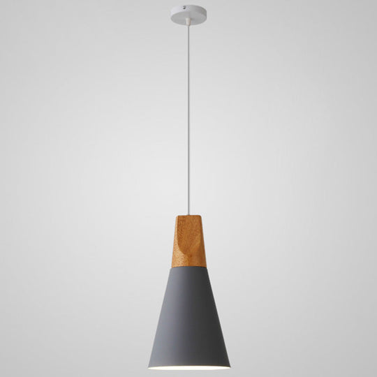 Metal Tapered Hanging Light - Nordic Style 1-Light Restaurant Pendant Lamp With Wooden Top Grey /