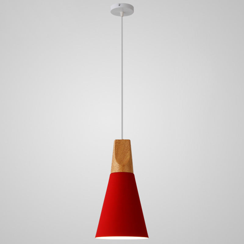 Nordic Style Metal Hanging Ceiling Pendant Lamp With Wooden Top - 1 Light Restaurant Lighting Red /