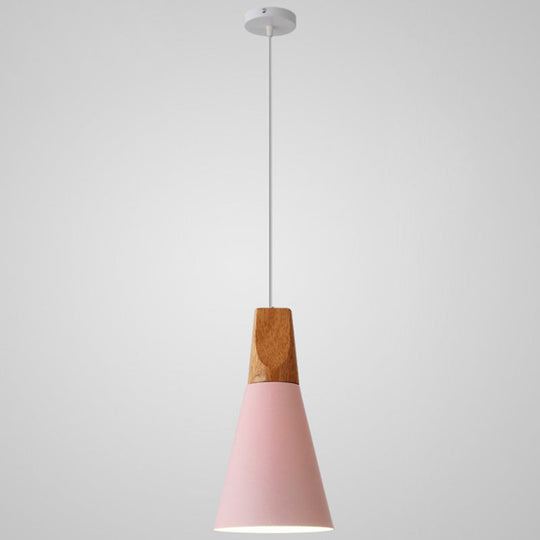 Nordic Style Metal Hanging Ceiling Pendant Lamp With Wooden Top - 1 Light Restaurant Lighting Pink /