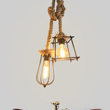 Lodge Style Black Caged Ceiling Fixture: 2-Light Metal And Rope Hanging Lighting With Unique Shade