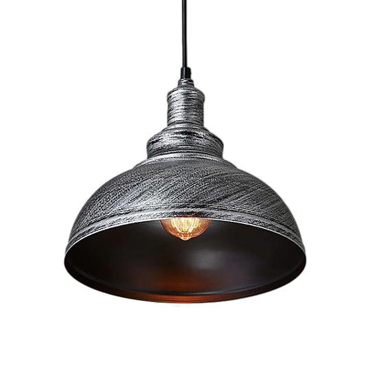 Adjustable Cord Pendant With Metal Dome Shade In Retro Black/Gray - 12’/14’/16’ W
