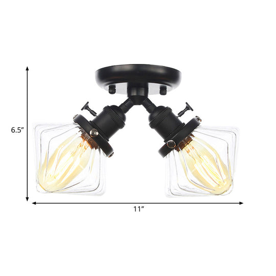 Diamond Amber/Clear Glass Semi Mount Farmhouse Light Fixture - 2 - Light Flush Black/Bronze Design