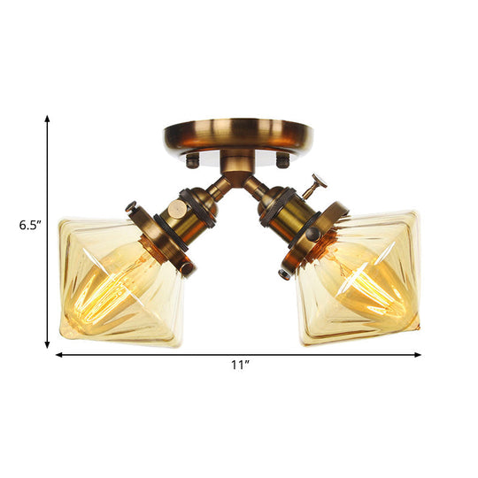 Diamond Amber/Clear Glass Semi Mount Farmhouse Light Fixture - 2 - Light Flush Black/Bronze Design