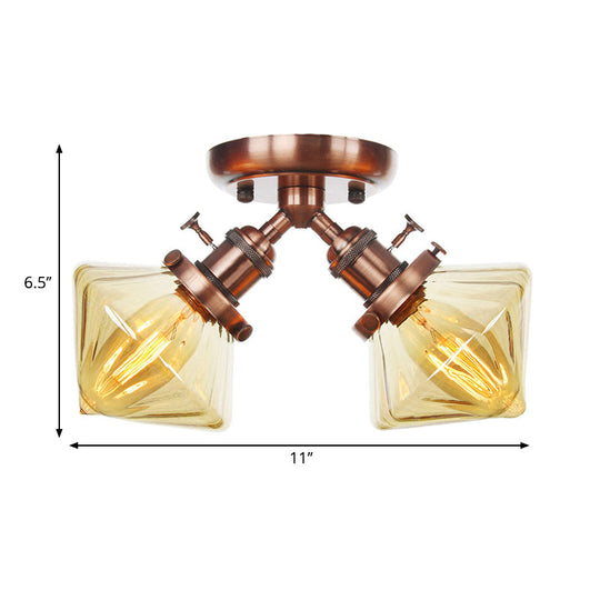 Diamond Amber/Clear Glass Semi Mount Farmhouse Light Fixture - 2 - Light Flush Black/Bronze Design