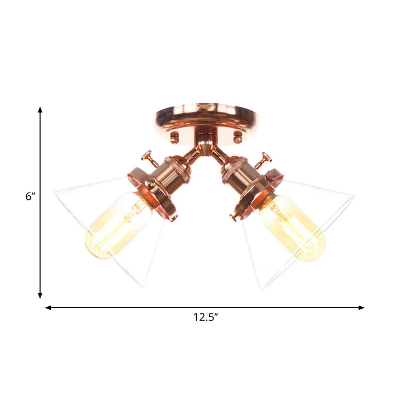 Vintage Style Semi Flush Mount Restaurant Ceiling Light With Conic Amber/Clear Glass Shade - 2 Heads