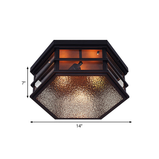 Black Metal Hexagon Flush Mount Ceiling Light With Frosted Glass Diffuser - 2/3 Lights 14’/17’