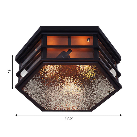 Black Metal Hexagon Flush Mount Ceiling Light With Frosted Glass Diffuser - 2/3 Lights 14’/17’