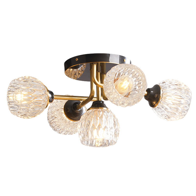 Ultra - Contemporary 5 - Light Bowl Semi Flush Chandelier - Ribbed Glass Ceiling Light For Bedroom