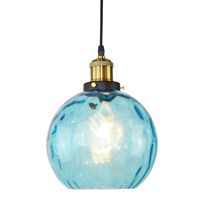Vintage Industrial Blue Pendant Lamp With Spherical Ripple Glass - Ideal For Living Room