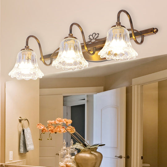 Bell Vintage Style Crystal Sconce Light With Gooseneck Arm Brown 2/3/4-Head Vanity Wall Lamp